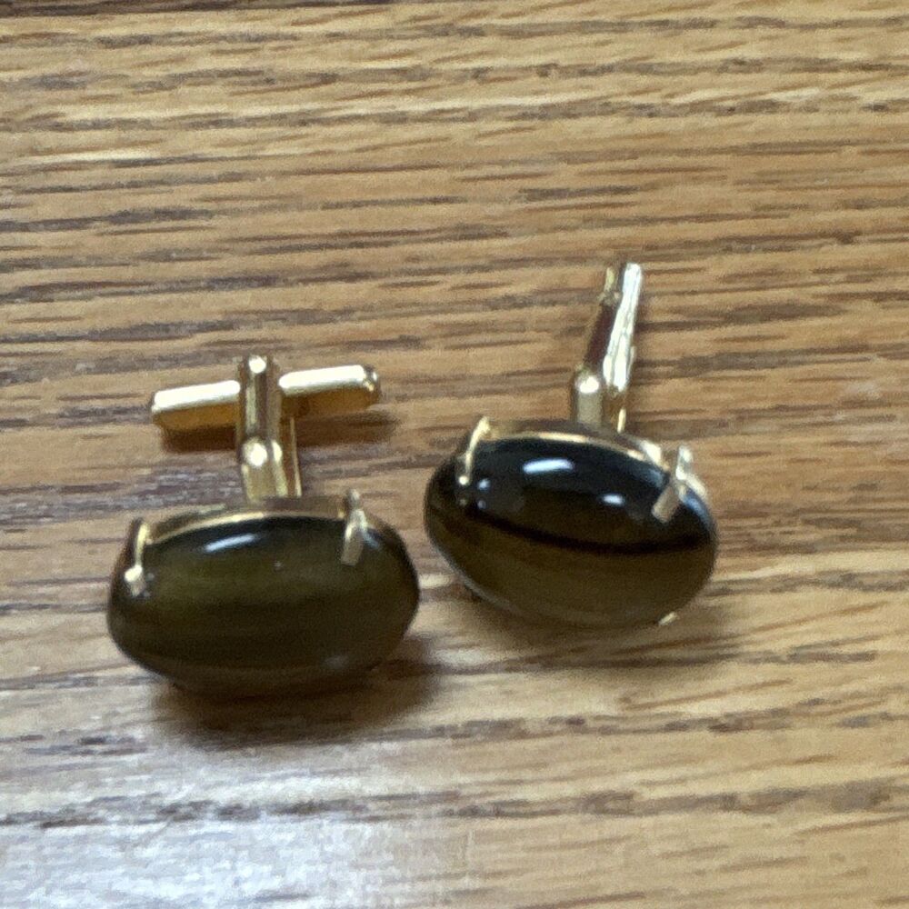 Vintage Tiger Eye Gold Tone 18mm Oval Cufflinks